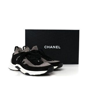 CHANEL Fabric Suede Calfskin CC Sneakers 38 Gray Black